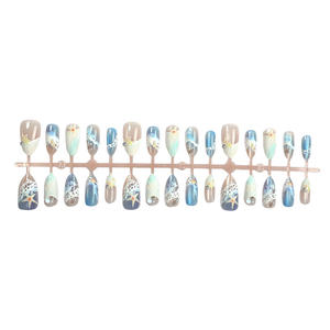 30 <span class=keywords><strong>Uñas</strong></span> Postizas Nuevas con Diseño de Ojo de Gato Azul, Estilo Playa Brillante, Pintadas con Forma de Almendra, Ondas, Estrellas, Conchas y Diamantes 3D - Product Image 6