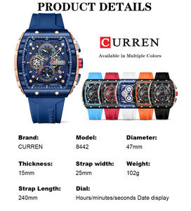 CURREN 8442 Quartz Man WristWatch Tonneau <b>Waterproof</b> Chronograph Men Watch <b>Silicone</b> Sport Male Clock Auto Date Relogio Masculino - Product Image 2