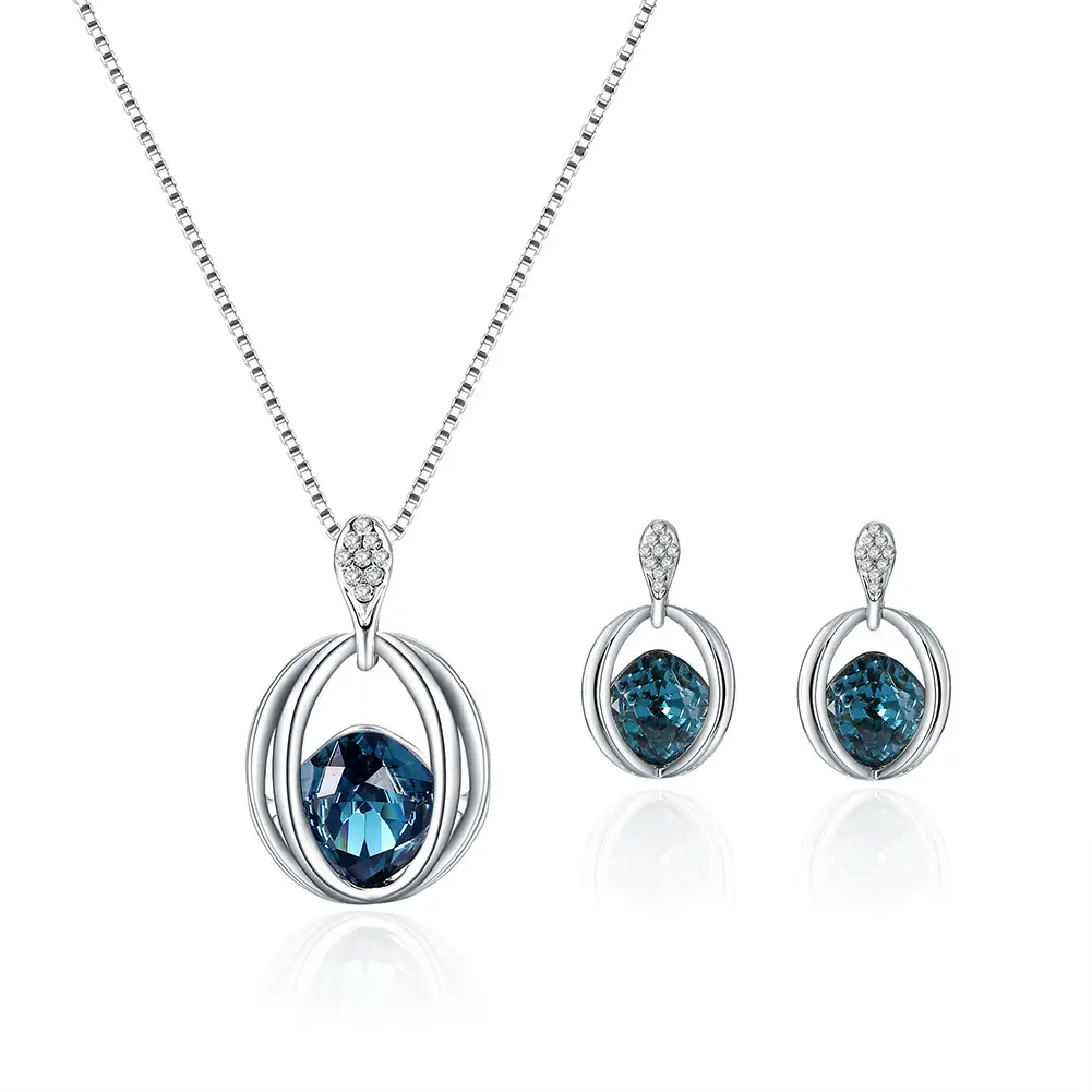 Offres Spéciales mode bleu saphir collier boucles d'oreilles ensemble femmes mariée bleu ovale cubique zircone ensemble de bijoux pour mariage