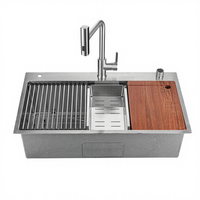 Évier de cuisine Maite en acier inoxydable 304, finition chromée, fait main, installation sur comptoir, cuve unique avec égouttoir et planche en bambou intégrée