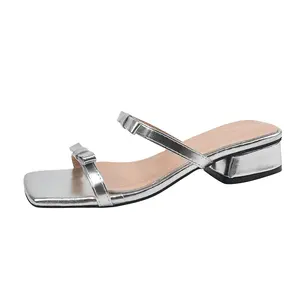 Fairy cooling dragged outside wear women's shoes in the summer of 2023 the new thick with square silver bow a word sandals