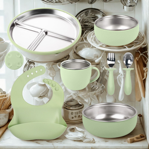 Non-Slip #304 <span class=keywords><strong>Stainless</strong></span> <span class=keywords><strong>Steel</strong></span> Silicone Baby Feeding Set Com Sucção Dividido Placa <span class=keywords><strong>Bowl</strong></span> Spoon Fork Bibs para Infantil - Product Image 3