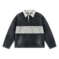 Polo à manches longues pour homme, imprimé intégral, effet délavé vintage, blocs de couleur, ourlet déchiré, style streetwear