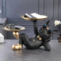Figurine Bouledogue Français en Résine Cool, Statue de Chien Couché Noir, 2 Plateaux en Métal avec Lunettes Mignonnes, Sculpture en Résine, Décor de Bureau à Domicile, Cadeau