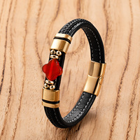 Bracelet en cuir avec trèfle à quatre feuilles en pierre naturelle, cordon tressé fait main, fermoir en acier inoxydable, bracelet floral