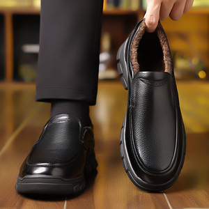 Mocassins en cuir pour homme, hiver, doublure en fausse fourrure, semelle en caoutchouc antidérapante, bout rond, chaussures décontractées pour affaires - Product Image 3