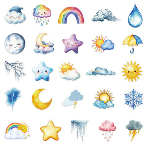 50 autocollants transparents mignons de dessins animés avec des symboles météorologiques <span class=keywords><strong>nuage</strong></span>, <span class=keywords><strong>soleil</strong></span>, étoile et pluie - Product Image 5