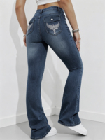 Jean évasé taille mi-haute pour femme, broderie aigle, poche arrière, denim délavé vintage, coupe bootcut