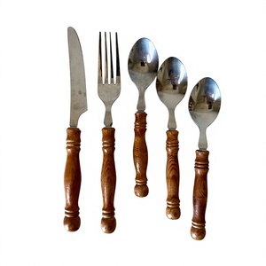 Vintage Wood Handle Flatware Stainless Steel Cutlery Dinnerware <b>Kitchen</b> Tableware With Smooth Edges Home Style Restaurant Use - Product Image 1