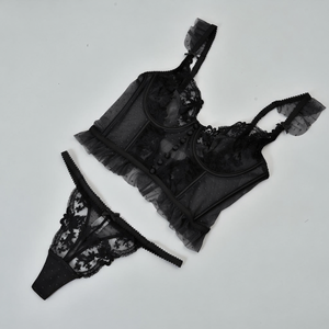 Completo Intimo Floreale in Rete con Volant e Spalline, Bustier Trasparente e Perizoma Scavato, Lingerie Elegante da Donna - Product Image 2