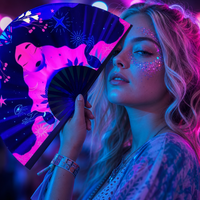 Éventail à main en bambou et plastique fluorescent UV de 33 cm, personnalisé, sonore, pour festivals EDM et événements Kung Fu – Vente en gros