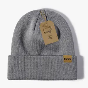 High Quality Soft Ski Knitted Hats Men Women Custom Winter Hats 50% Merino Wool Beanies With Leather Patch