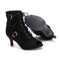Nouvelles bottes de jazz montantes en daim noir pour femme 2026, à lacets, avec boucle métallique, chaussures de danse latine, semelle entièrement en caoutchouc pour hip-hop 7 cm