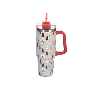 Tazza Termica con Cannuccia Bianca Natalizia 0,9 Litri Design Festivo Tazza da Viaggio - Product Image 1