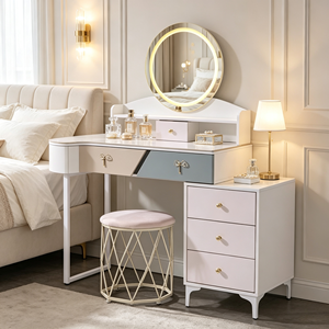 Modern <b>Makeup</b> <b>Vanity</b> With Lighted Round <b>Mirror</b> Storage Drawers Bedroom Dressing Table With Stool - Product Image 3