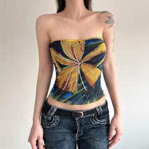 Top Bandeau de Malla con Estampado Floral Estilo Isleño para Mujer, Top sin Tirantes sin Costuras para Verano y Playa - Product Image 1