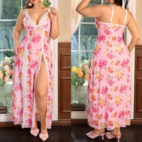 Gaun Lingerie Maxi Wanita Ukuran Besar Warna Pink, Rajutan, Bahan Mesh Transparan, Bernapas, Kerah V, Hiasan Renda, Belahan Samping, Tali Dapat Disesuaikan