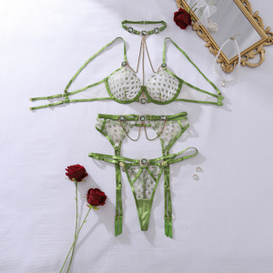 Ensembles de Lingerie Féminine Éblouissants Luxe <span class=keywords><strong>Bijou</strong></span> Miel Soutien-Gorge Halter Jarretière String 3 Pièces Esthétique Fraîche Broderie Diamant Exotique 1645 - Product Image 6