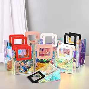 Sacola de mão holográfica em PVC personalizada para maquiagem e cuidados pessoais, sacola de compras holográfica da moda para cosméticos