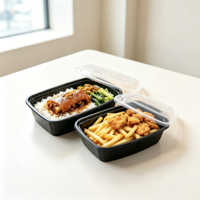 Boîte alimentaire rectangulaire noire jetable de qualité alimentaire avec couvercle, prix d'usine en gros, pour la préparation de repas à emporter en restaurant