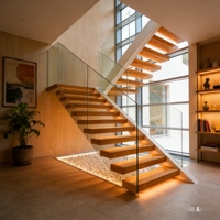 Escalier droit à double poutre en bois massif avec marches en verre feuilleté, sécurité renforcée, support haute résistance, prêt pour la pose