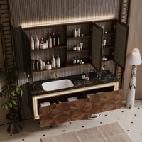 Meuble-lavabo flottant en bois incrusté, avec dessus en marbre noir et armoire de salle de bain avec miroir intelligent LED multi-rangements à éclairage périphérique