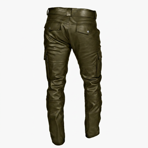Pantalon cargo décontracté pour homme en cuir d'agneau rouge de haute qualité, léger, taille haute, style motard, plusieurs poches, coupe droite - Product Image 5