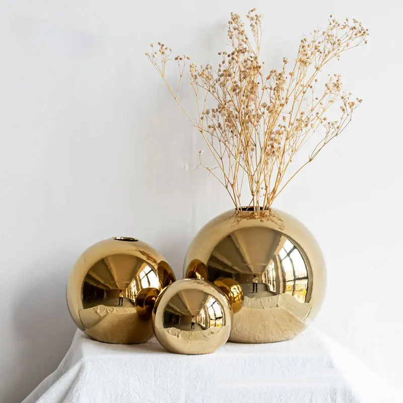 Vases Decor Golden Electroplated Ceramic Ball Flower Vase For Interior Modern Decorative Vase For Home Living Room