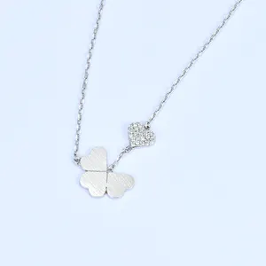 Jewelry Supplier 925 Silver Necklace New Heart Cubic Zircon Fashion Four Leaf Clover Shape Necklace