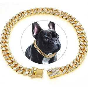 Collier pour chien et chat en chaîne métallique de luxe de 12 mm de large, style cubain, avec diamants étincelants, couleur or - Product Image 1