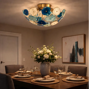 Round Brass Chandelier with Blue Agate Starburst <b>Shade</b> 3500K Warm <b>White</b> LED Blue/Gold Finish for Living Room Ceiling <b>Lamp</b> - Product Image 6