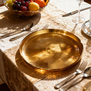 Plato de Postre de Vidrio Transparente con Borde Dorado Plateado de Lujo al por Mayor, Plato Redondo de 13 Pulgadas para Servir <span class=keywords><strong>Frutas</strong></span>, Bandeja de Servicio para <span class=keywords><strong>Hotel</strong></span> - Product Image 1