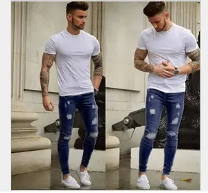 Streetstyle Denim Custom Private Label Ripped Denim Stretch Distressed Skinny Hommes Men's Jeans