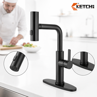 Robinet de cuisine monocommande extractible avec finition or brossé et douchette à jet, en laiton