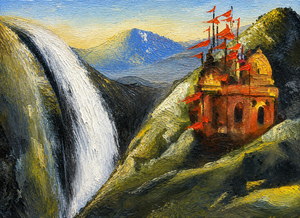 Peinture à l'aquarelle moderne de paysage naturel, peinte à la main, sur toile, avec château de montagne, drapeaux rouges et cascade, pour décoration intérieure - Product Image 2