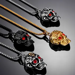 Punk Cheap Mens Stainless Steel Casting Red Crystal Skull Pendant for man women charm jewelry