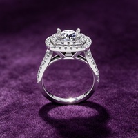 Bague de fiançailles en argent sterling 925 avec moissanite ronde brillante couleur D, double halo, 7,5*7,5 MM, sertie pavé, alliance pour femme