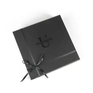 Groothandel Luxe Opvouwbare Zwarte Kartonnen Doos UV-Print Opvouwbare Magnetische Geschenkverpakking Opbergpapier Dozen Met Lint