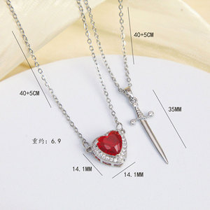 Collar de Acero Inoxidable con Flecha y Espada de Zirconio Rojo, Moderno y Personalizado, para Joyería Femenina - Product Image 3