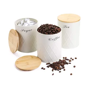 चाय चीनी कॉफी कैनिस्टर शीर्ष विक्रेता रसोई कोटिंग बांस ढक्कन के साथ गोल धातु का तेल यूरोपीय सफेद रसोई भंडारण कंटेनर