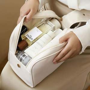 Bolsa de Cosméticos de Cuero PU de Gran Capacidad, Bolsa de Aseo Portátil Impermeable, Bolsa de Maquillaje de Viaje con Doble Cremallera - Product Image 3