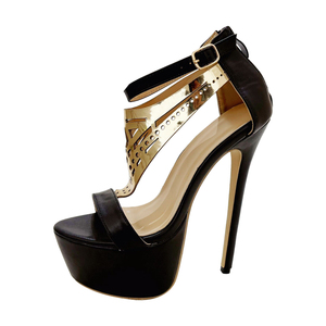 Sandales à talons aiguilles super hauts de 16 cm, style européen et américain, nouvelle collection, noires, antidérapantes, avec décoration métallique, pour soirée - Product Image 5