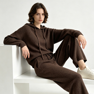 Jxwatcher Casual Two Pieces Wide Leg Pants Ladies Hooded Sweater <strong>Coat</strong> Fall <strong>Winter</strong> Custom Wool Knit Pants Sweaters <strong>Sets</strong> for Woman - Product Image 1