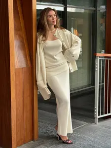 Ensemble Pull Blubelle 2025 Élégant <span class=keywords><strong>Femme</strong></span> <span class=keywords><strong>Chic</strong></span> d'Été Tricoté Uni, Cardigan Décontracté à Manches Longues, Caraco et Jupe Longueur Cheville - Product Image 3