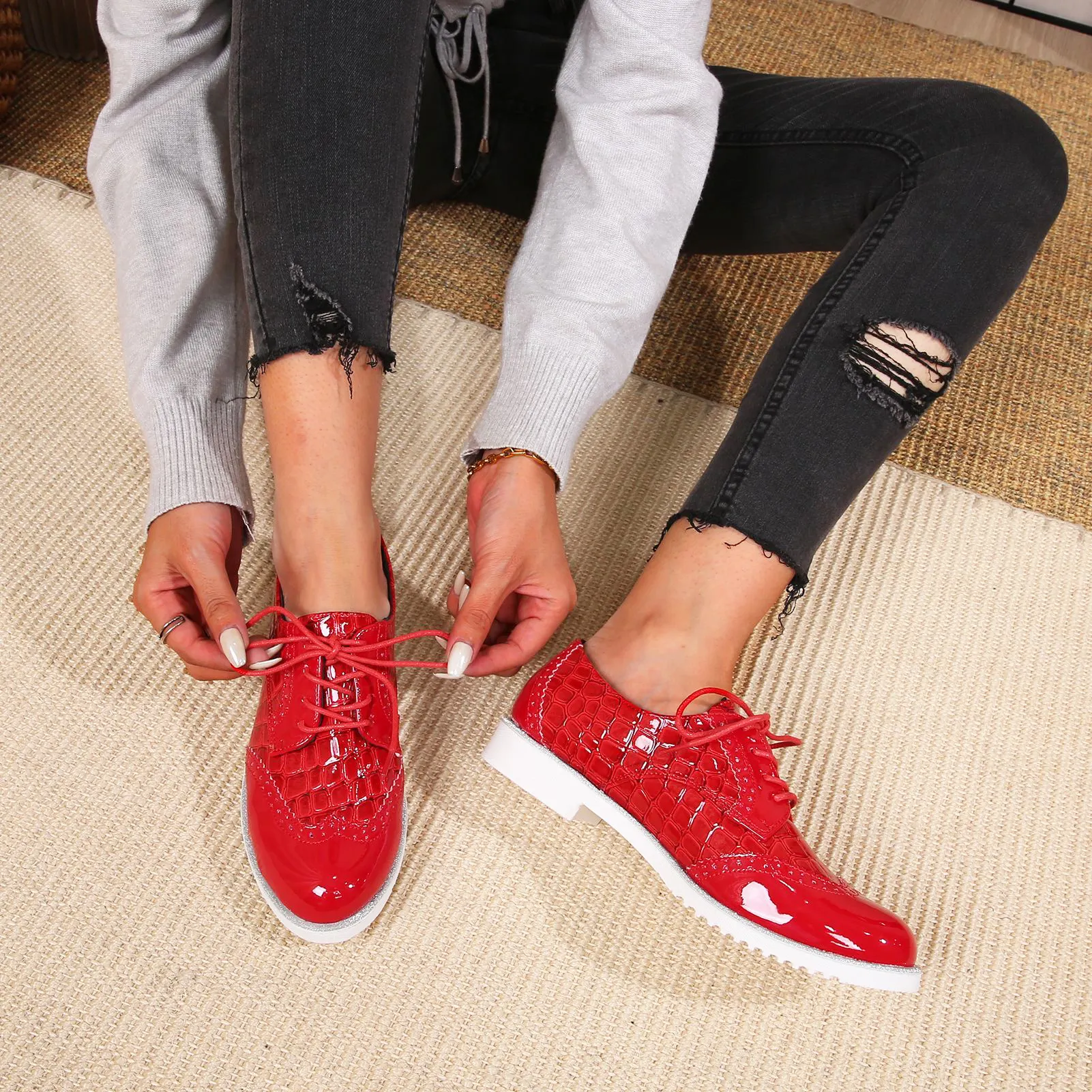 Hot sale oxfords flat shoes lace up casual crocodile print shoes for women