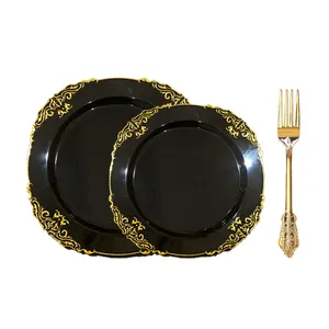 Ensemble d'assiettes à dîner pour mariage Ensemble de vaisselle en plastique noir et or Chargeurs d'assiettes pour mariage avec fourchette