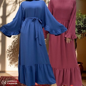 9.9USD High Quality Women Dress Special Pleated Sleeves Round Neck Back Zipper With Belt Casual Elegant Abaya Dress - Product Image 1