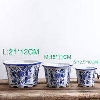 Set Pot Bonsai Keramik Tiongkok Antik dari 3 Pekebun Porselen Biru dan Putih Besar Segi Enam