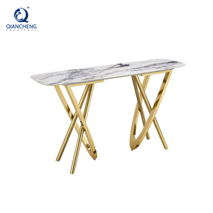 Tavolo Console Moderno in Ferro Dorato con Supporto Curvo, Lussuoso Tavolo Consul in Marmo Travertino Grigio Scuro con Finitura Laser - Product Image 1