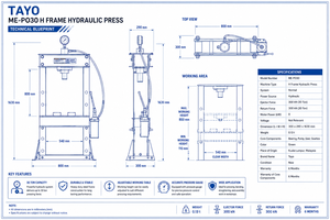 Presse hydraulique à cadre en H TAYO ME-PO30, capacité 30 tonnes, machine d'atelier robuste, manomètre réglable, table haute - Product Image 5